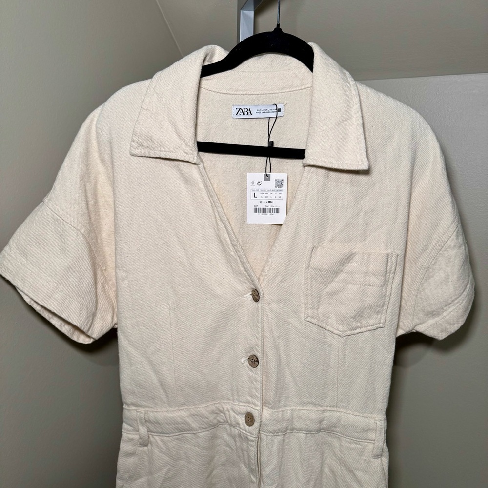NWT Zara Langer Cream Utility‎ Overalls Jumpsuit Women's Size Large - Picture 3 of 7